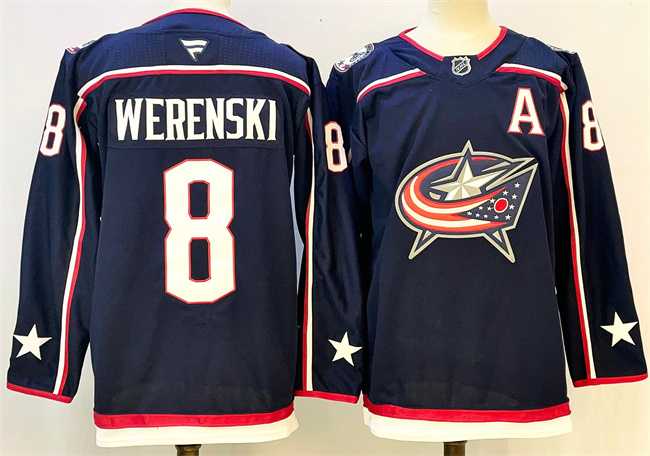 Men%27s Columbus Blue Jackets #8 Zach Werenski Navy With A Patch Stitched Jersey
